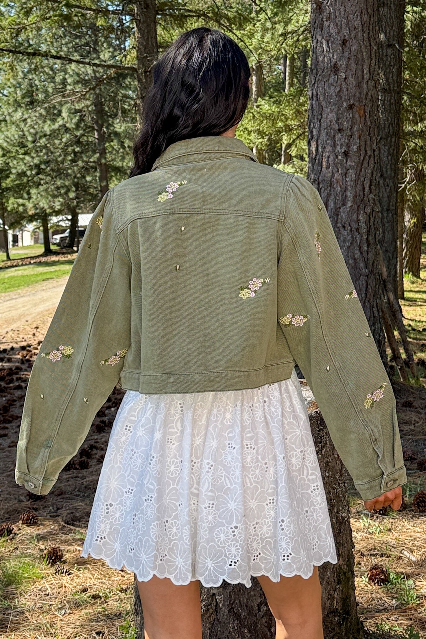 Under The Sun Floral Denim Cropped Shacket (Olive)