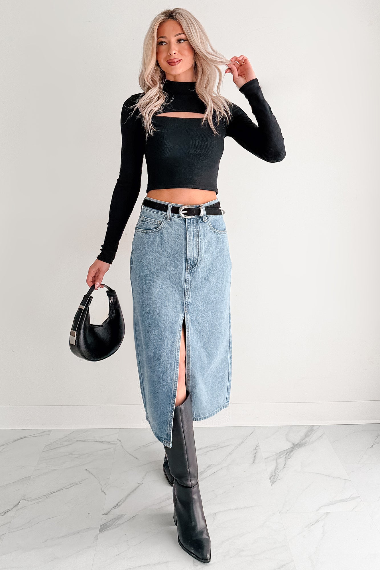 Stay Always Front Slit Midi Skirt (Medium Denim)