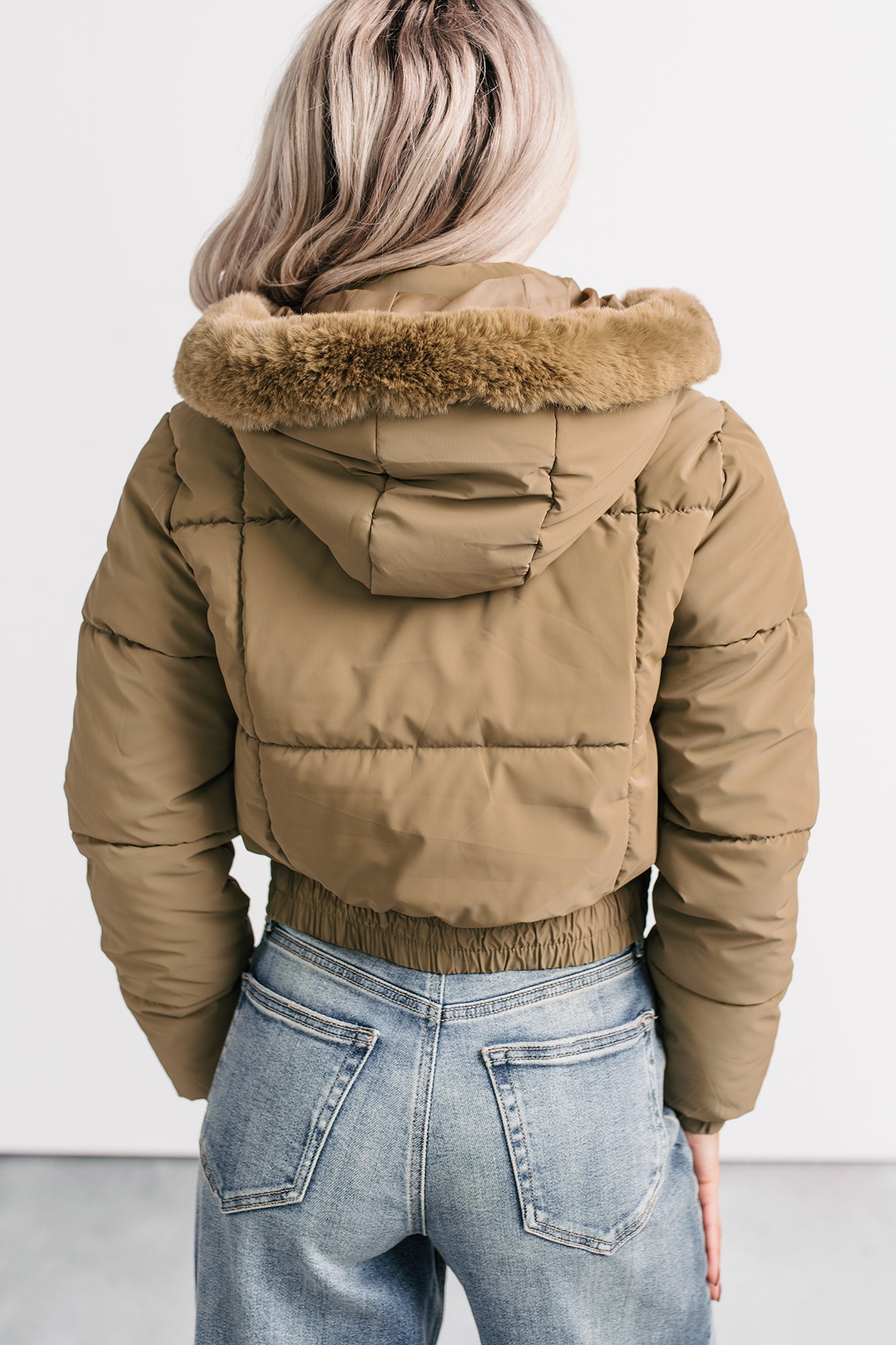 Snowflake Sweetie Faux Fur Hooded Puffer Jacket (Olive)