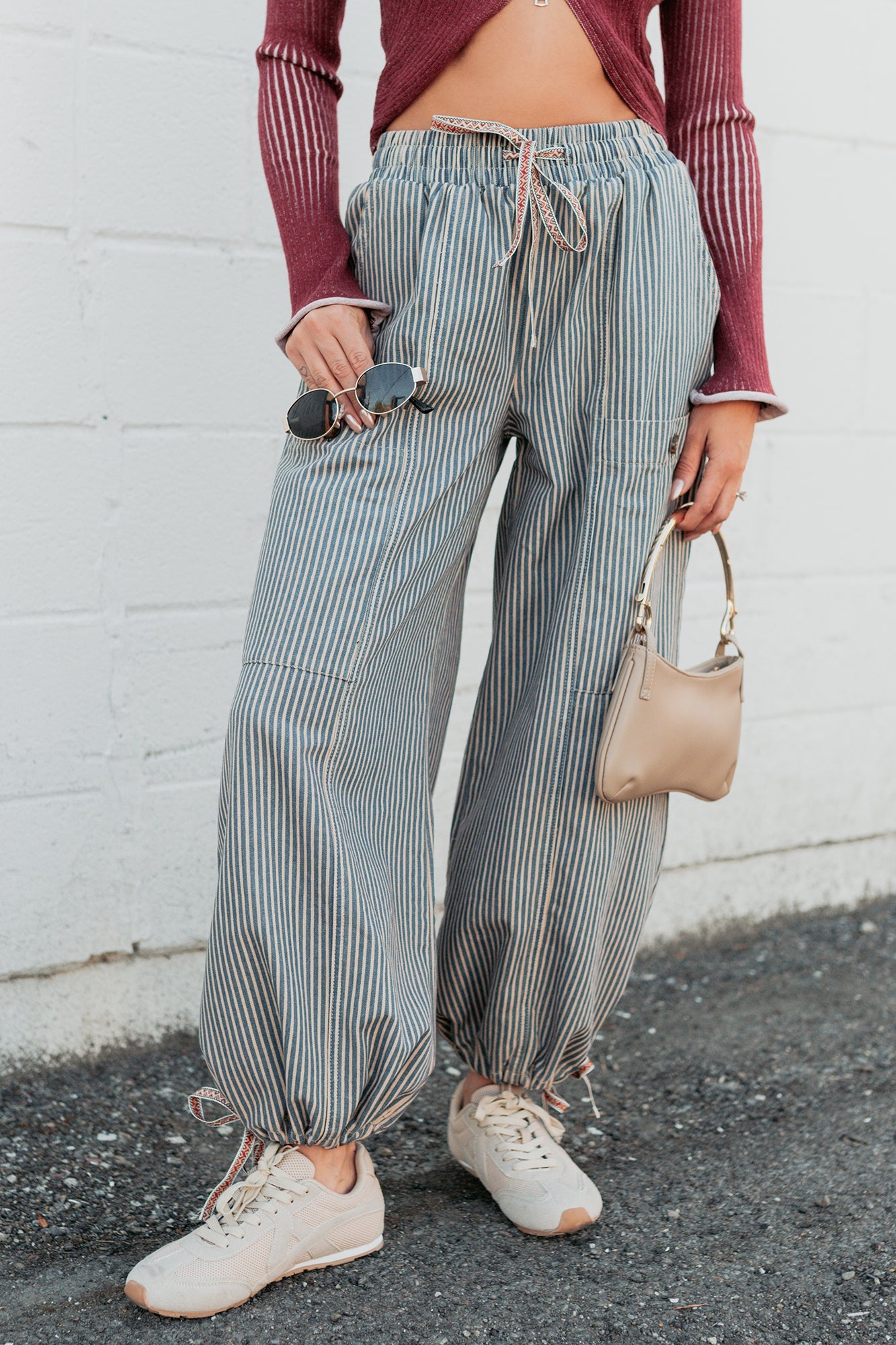 Restless Heart Striped Wide Leg Drawstring Pants (Latte)