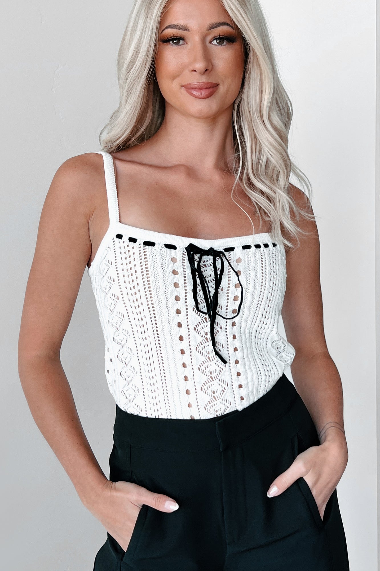 Subtle Charmer Contrast Bow Sweater Tank (White/Black)