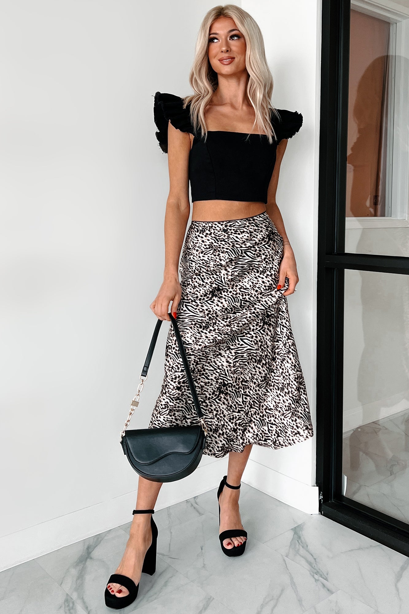 Summer Ready Ruffle Sleeve Denim Crop Top (Black)
