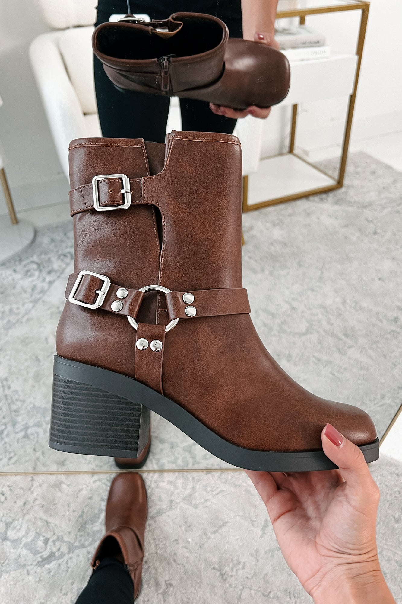 Tough As Nails Buckle Strap Chunky Biker Booties (Brown)