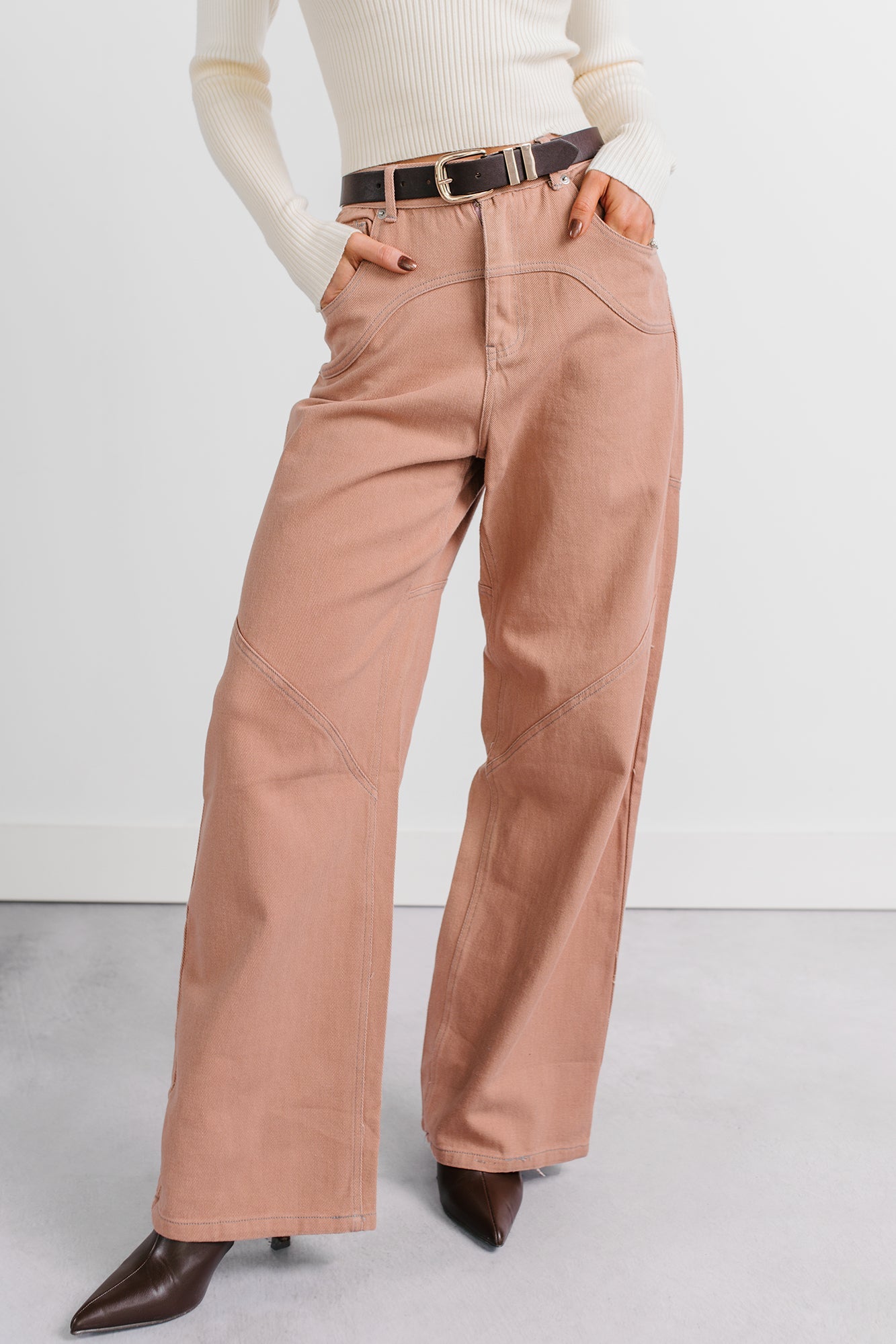 Perseus Seam Detailed Wide Leg Jeans (Terracotta)