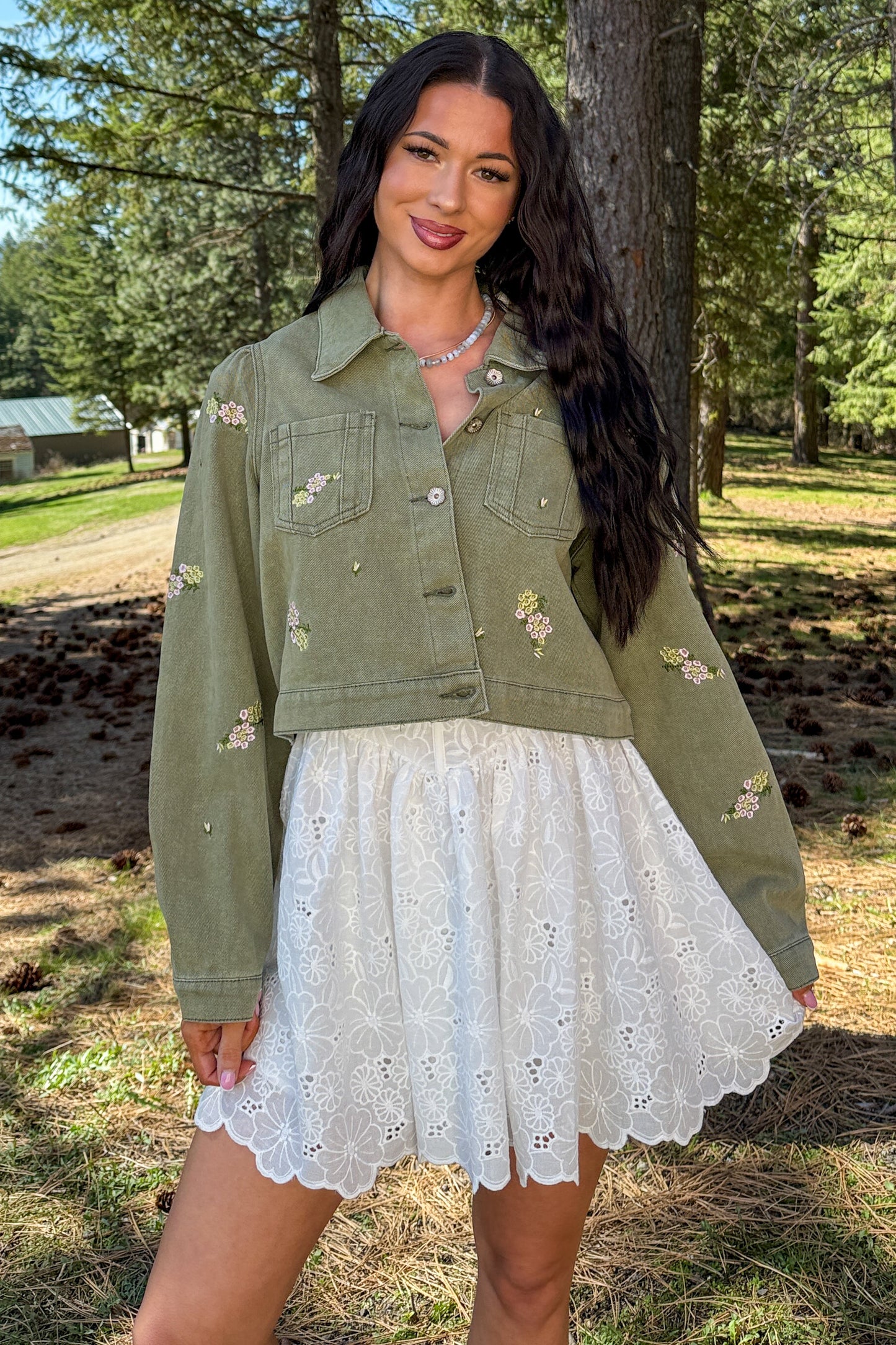 Under The Sun Floral Denim Cropped Shacket (Olive)
