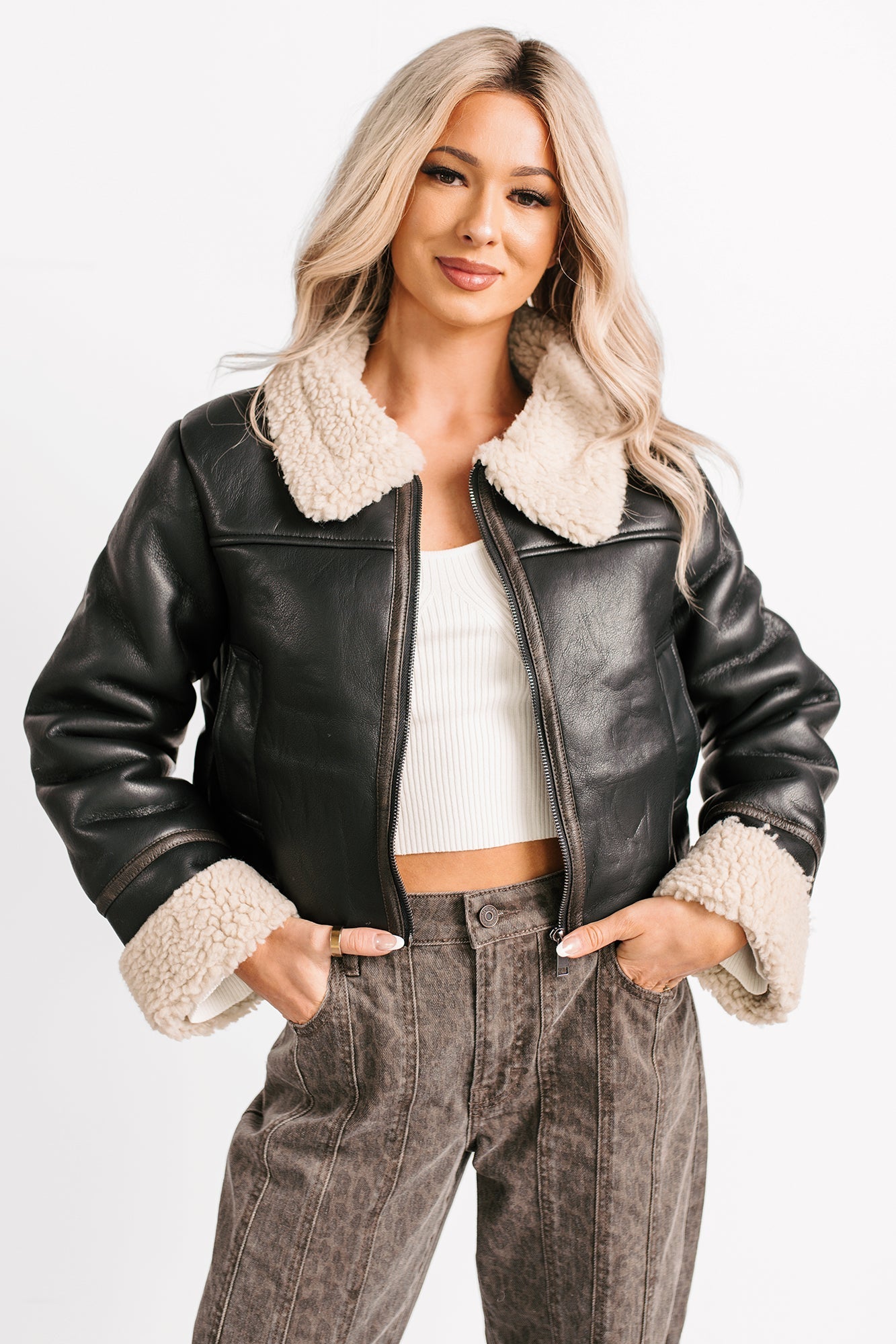 Serves You Right Sherpa Lined Faux Leather Jacket (Black)