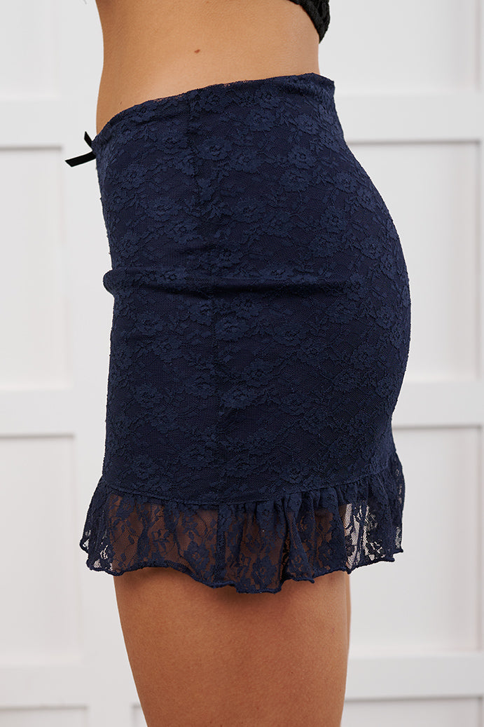 Living Sweet Ruffle Floral Lace Mini Skirt (Navy)