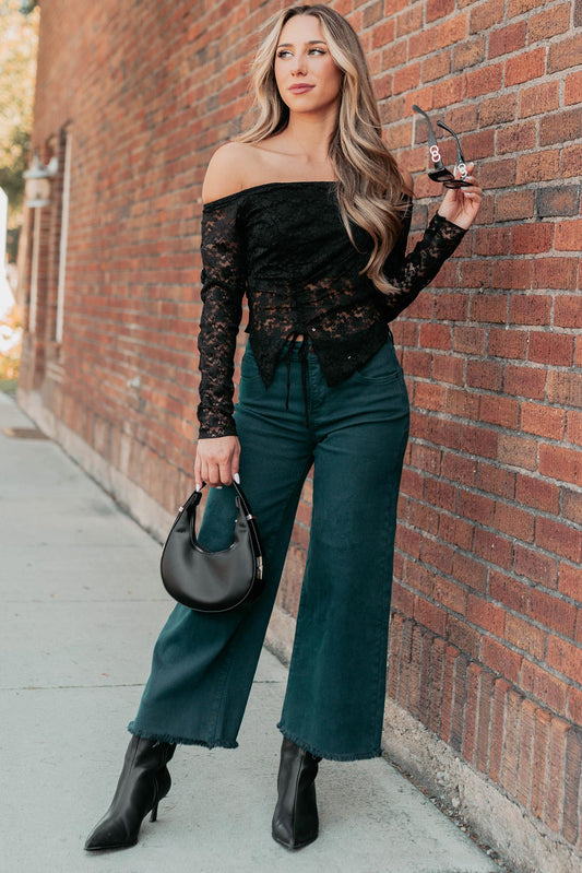 Up To Standard Ruched Lace Asymmetric Top (Black)