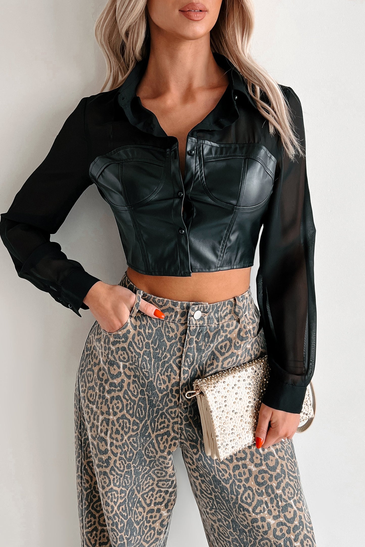 Sheer Passion Faux Leather Blouse (Black)