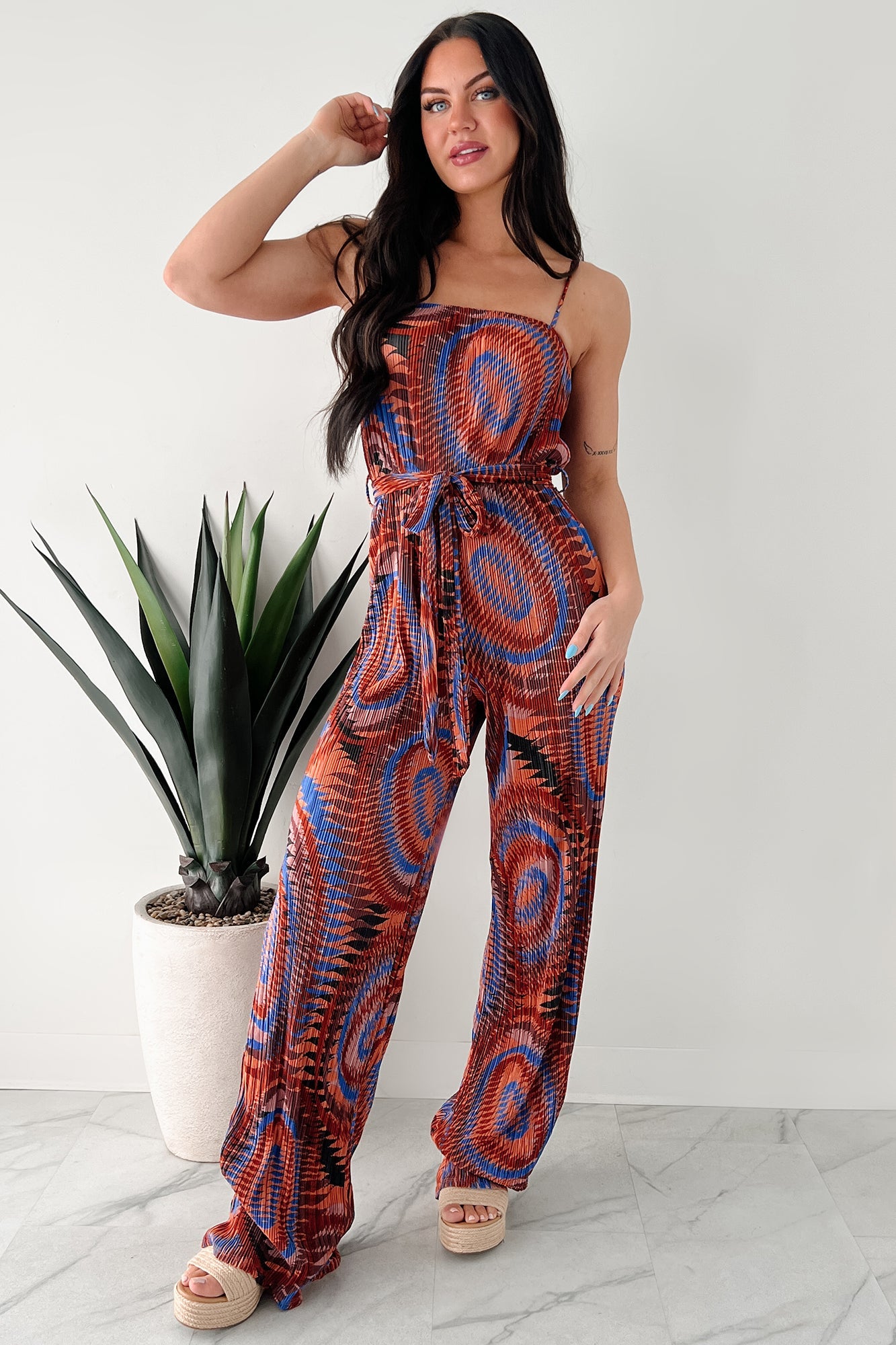 Turn Up The Volume Pleated Wide Leg Jumpsuit (Brick/Royal Blue)