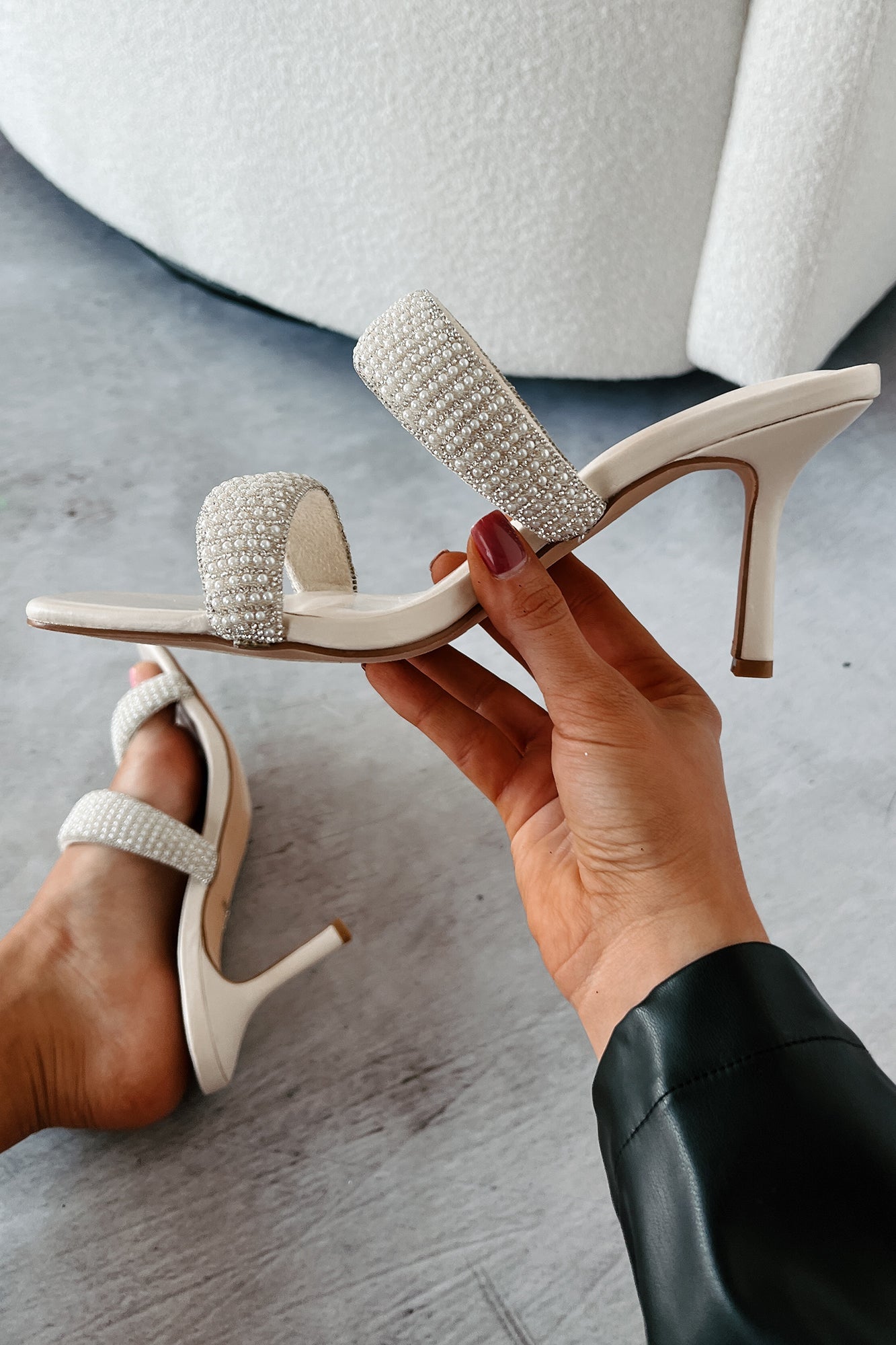 Socialite Surprise Rhinestone Pearl Strap Heels (Ivory)
