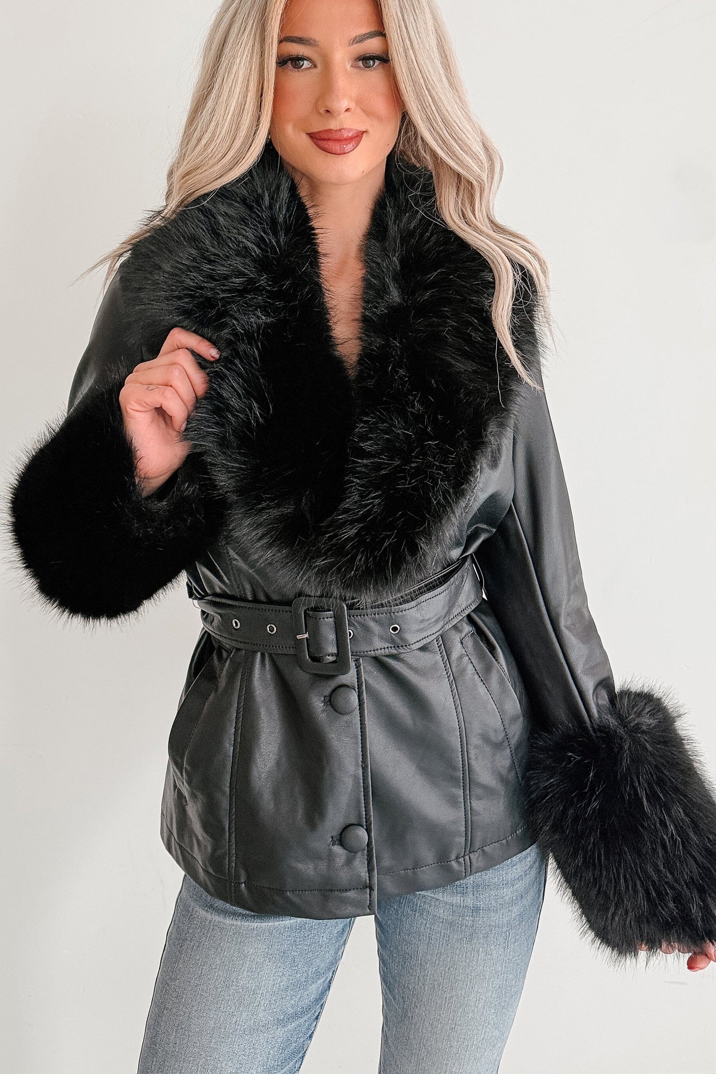 Star Quality Fur Trim Faux Leather Jacket (Black)