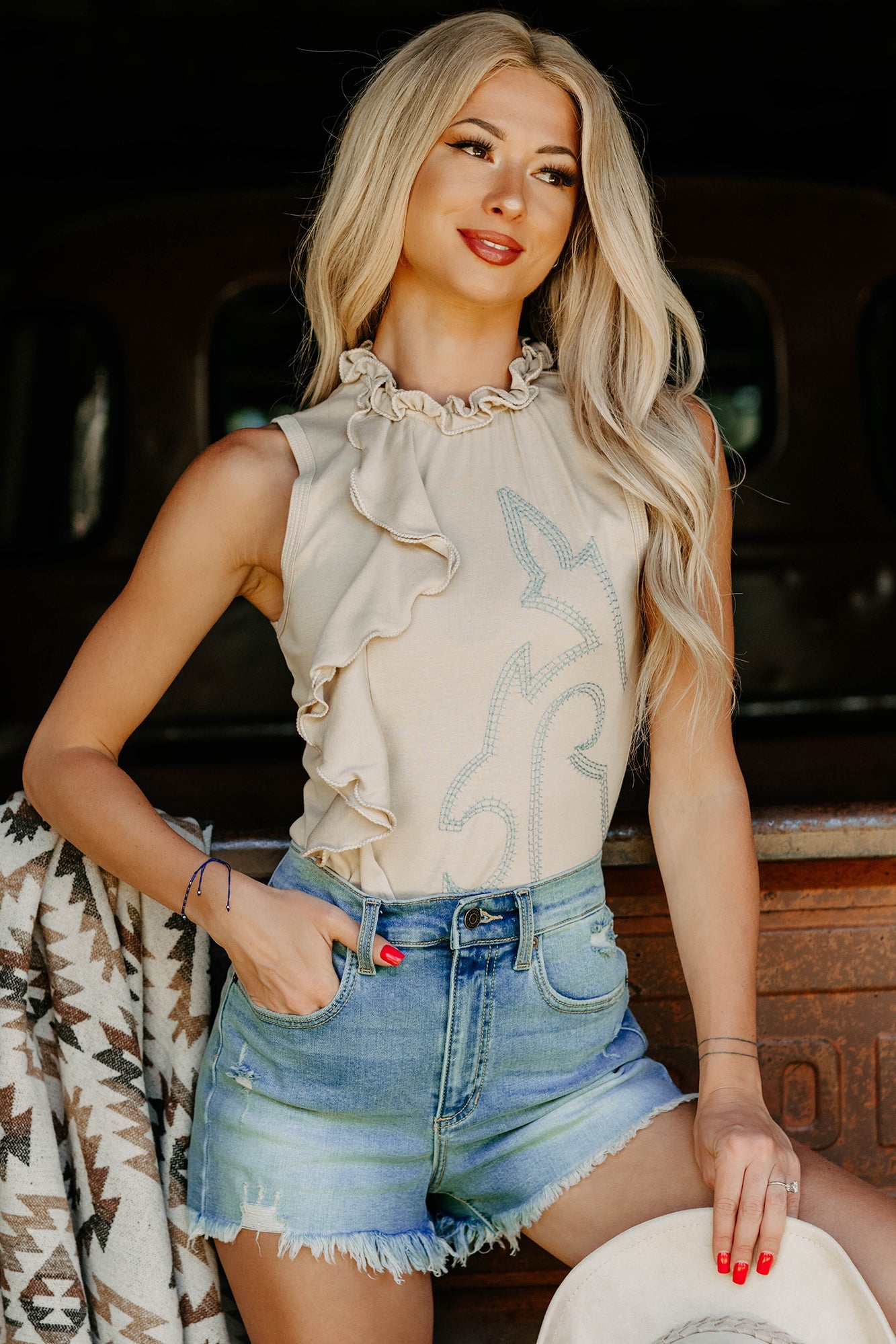 Rodeo Ready Embroidered Ruffle Top (Sand)
