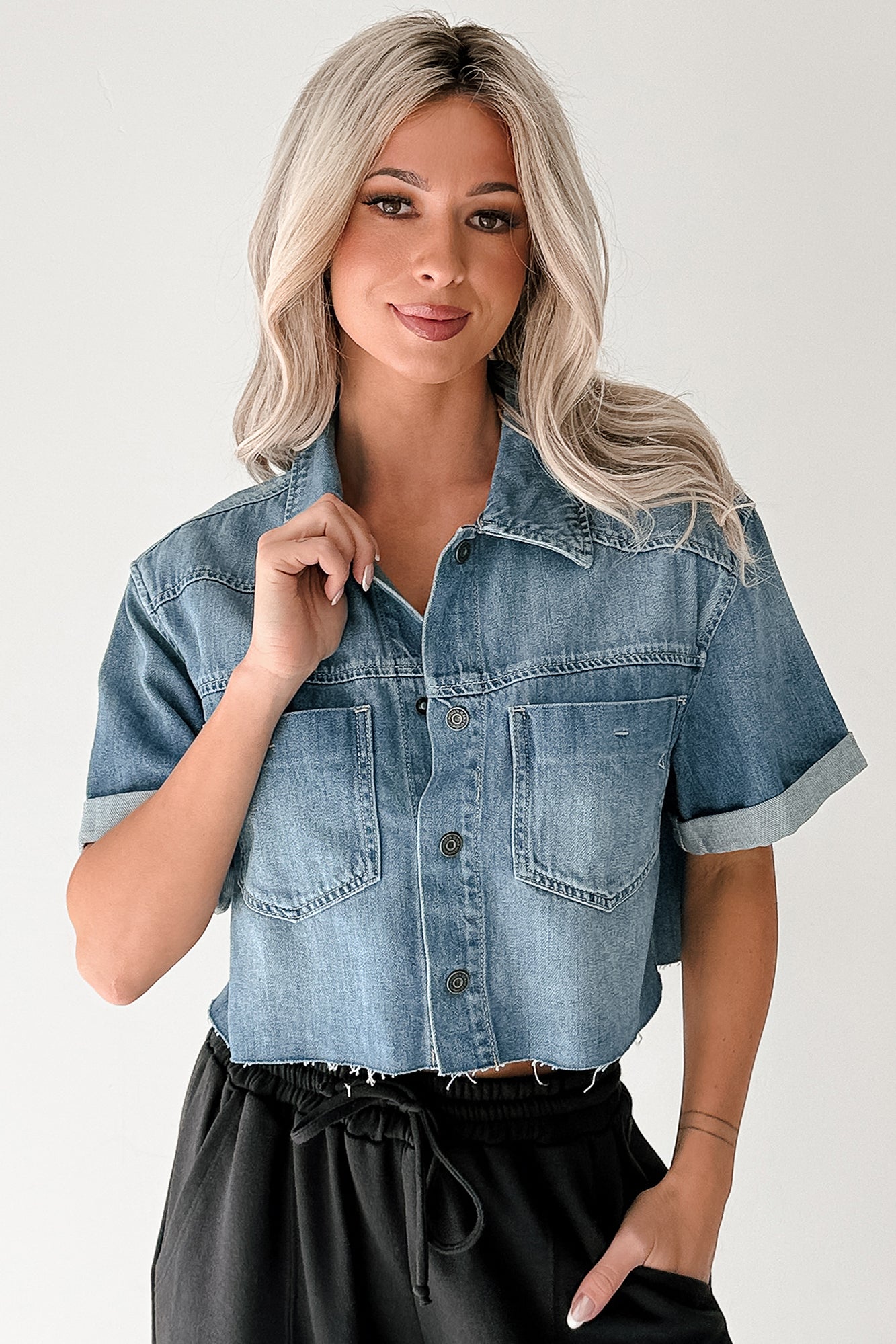Out & About Short Sleeve Denim Crop Top (Medium)