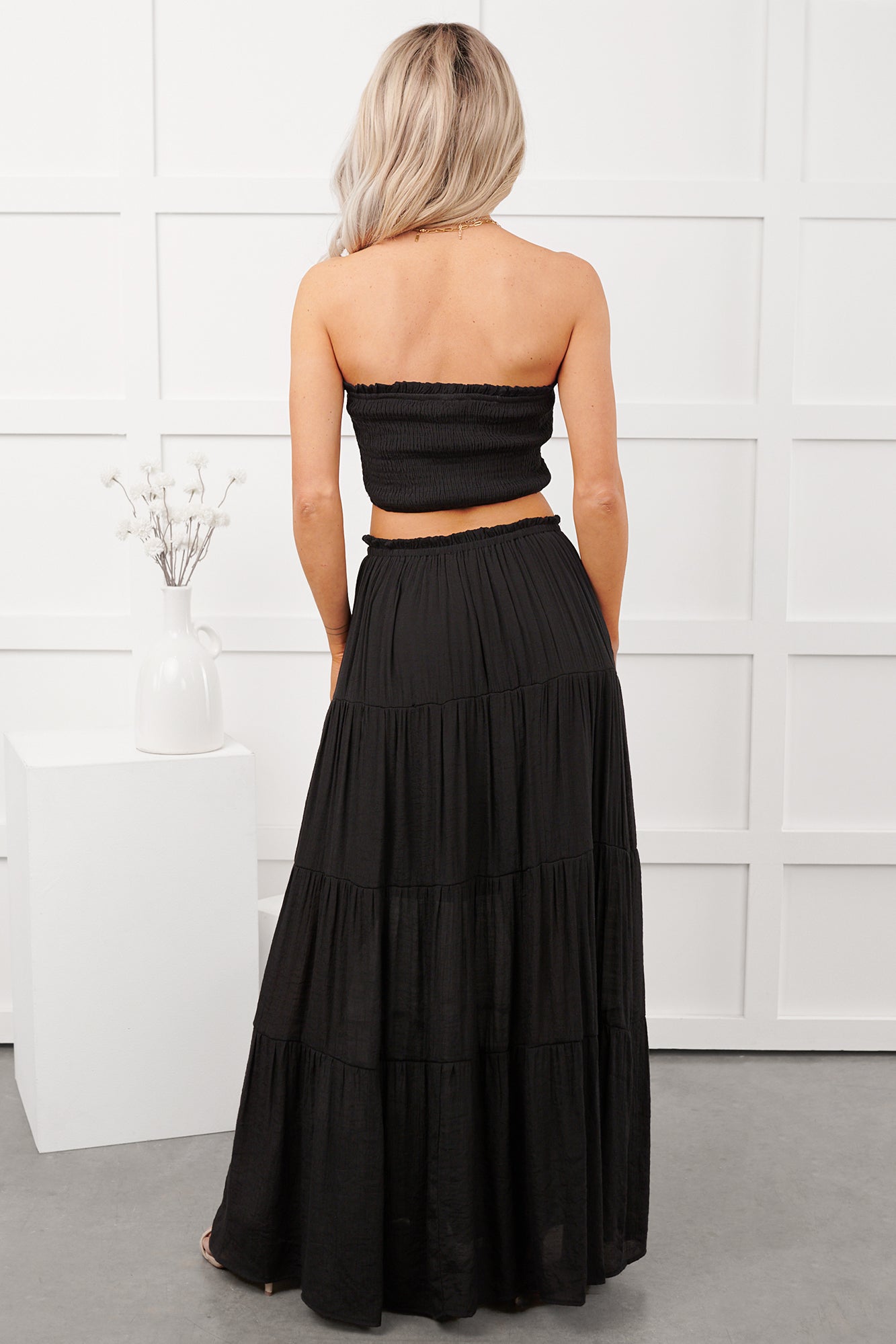 Stay Simple Smocked Bandeau & Maxi Skirt Set (Black)