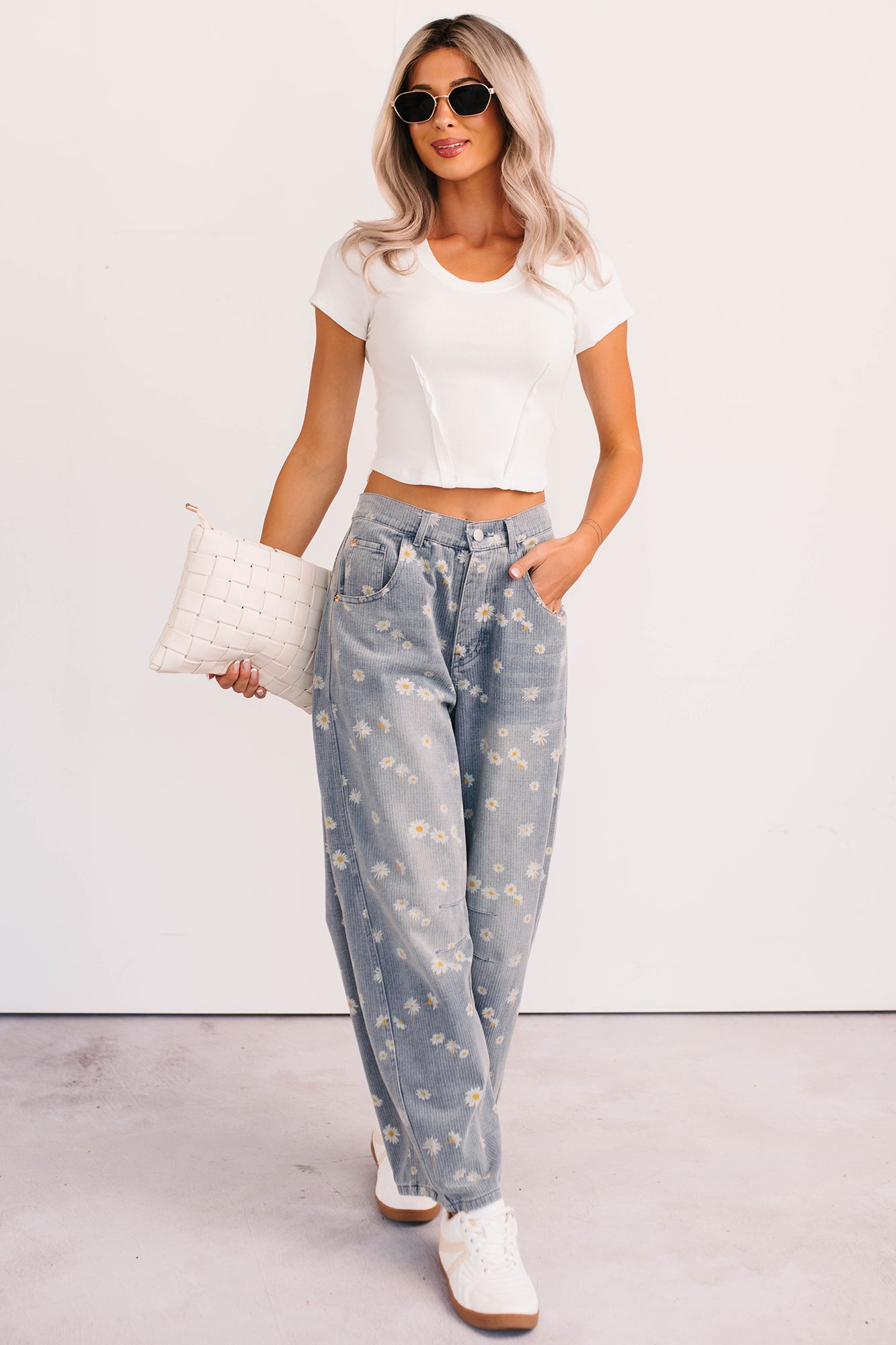 Rae Floral Stripe Wide Leg Barrel Jeans (Denim)