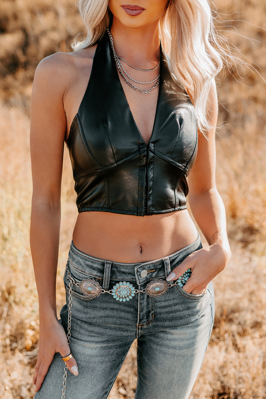 Urban Glow Faux Leather Halter Crop Top (Black)