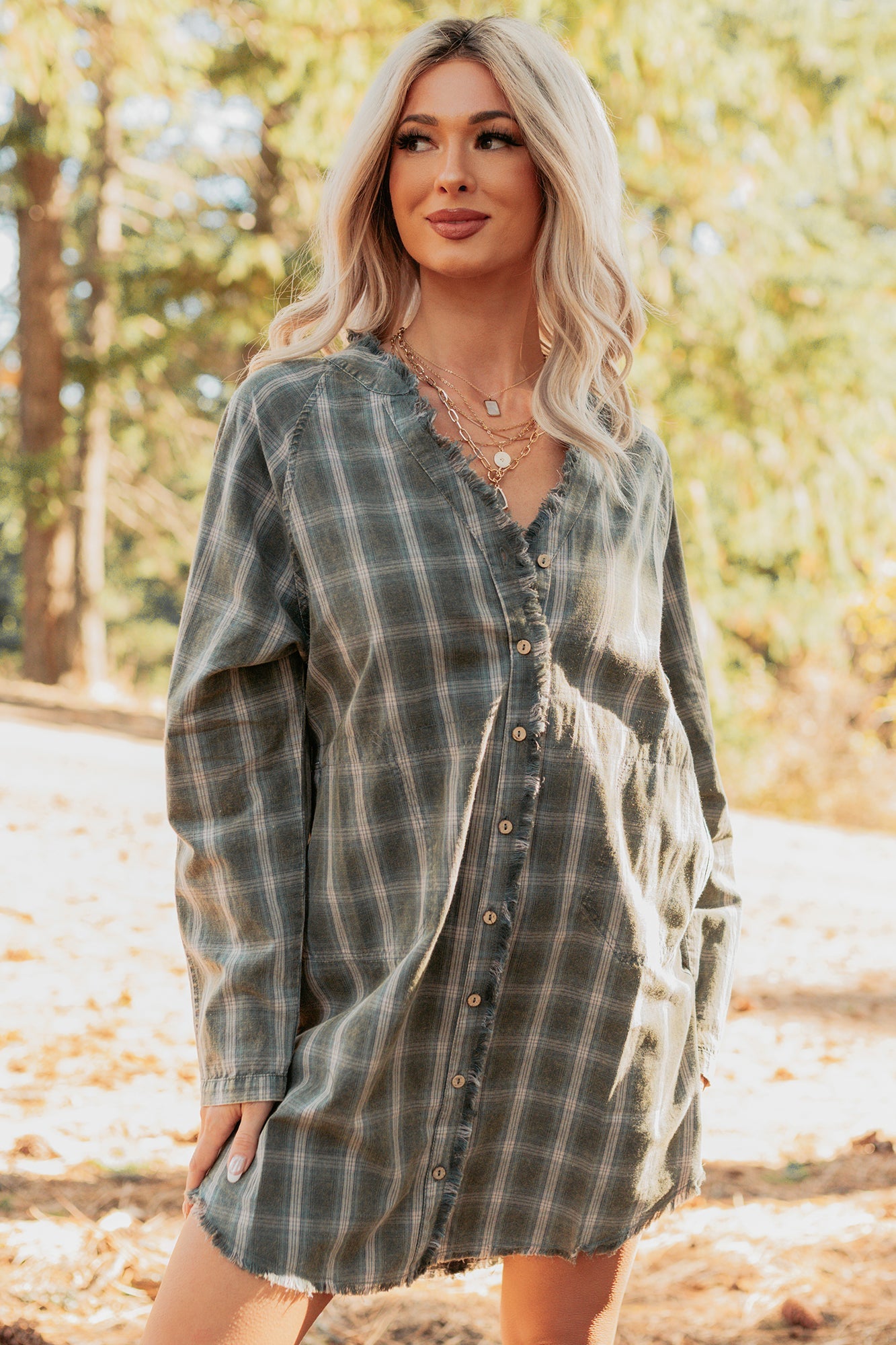 Let's Get Lost Plaid Shirt Mini Dress (Pine Green)