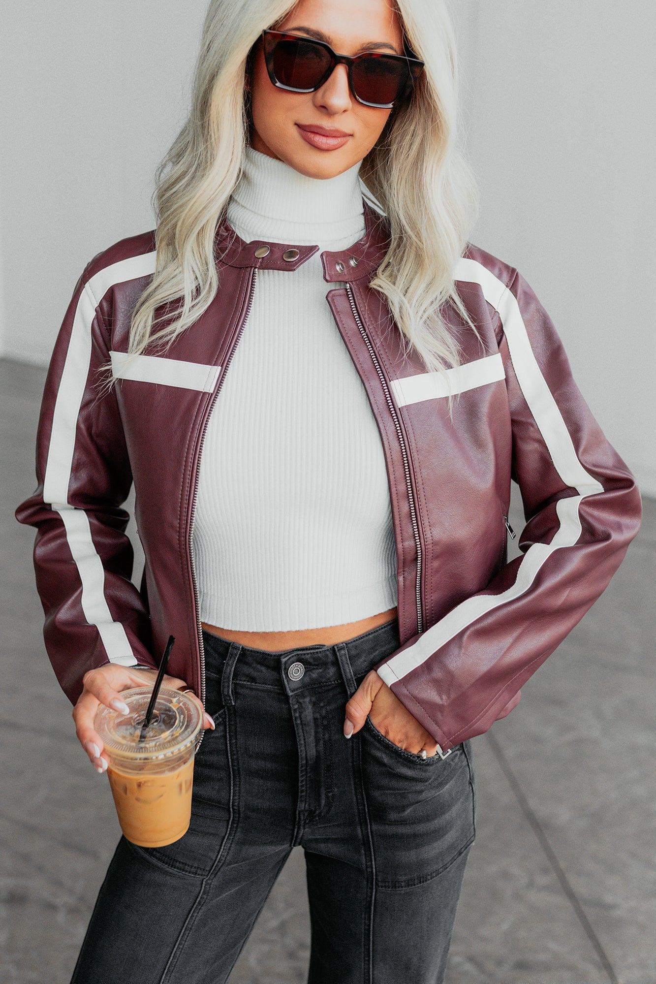 Thrill Seeker Faux Leather Racer Jacket (Burgundy)
