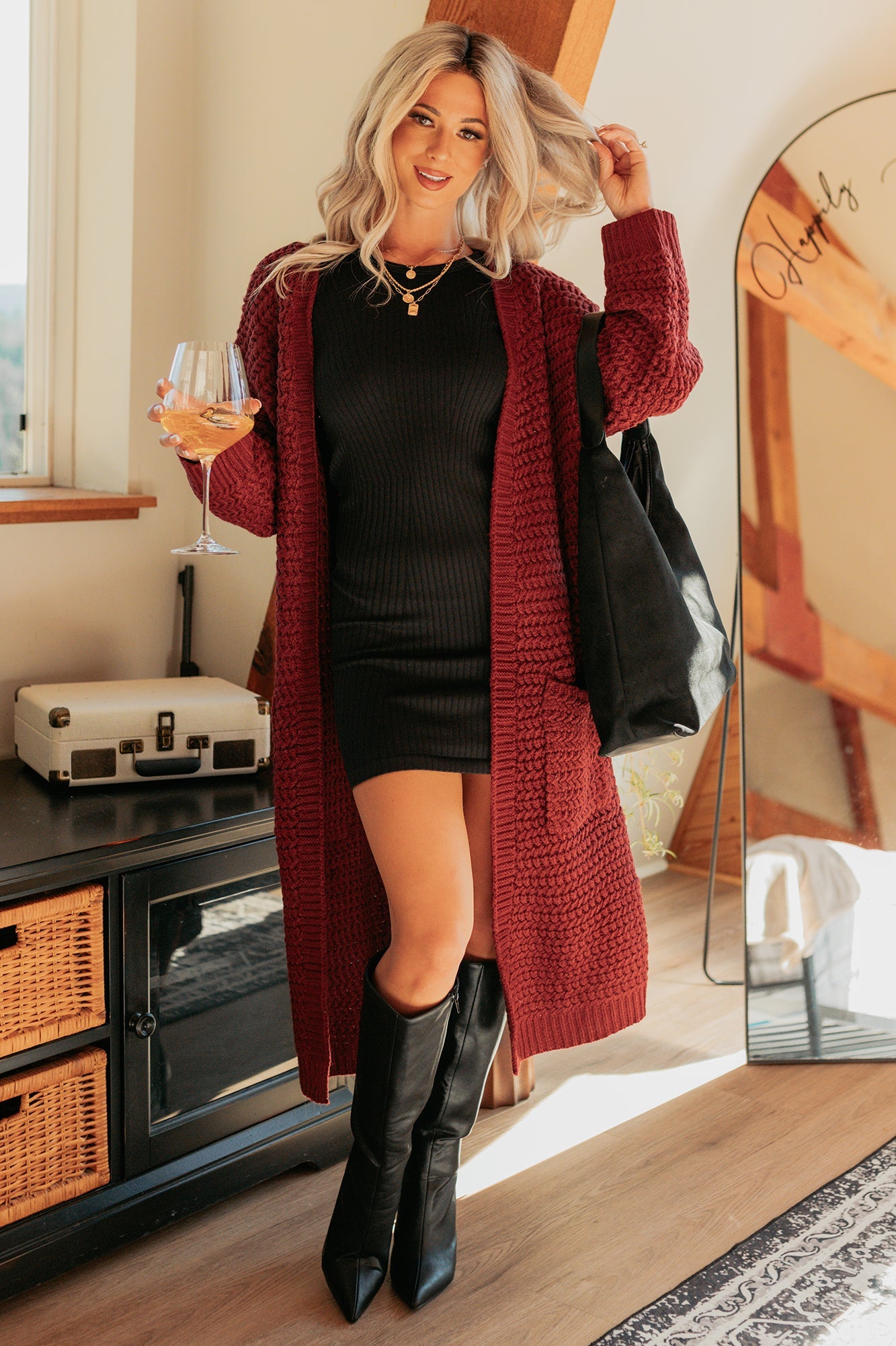 Still Dreaming Cable Knit Long Cardigan (Bordeaux)
